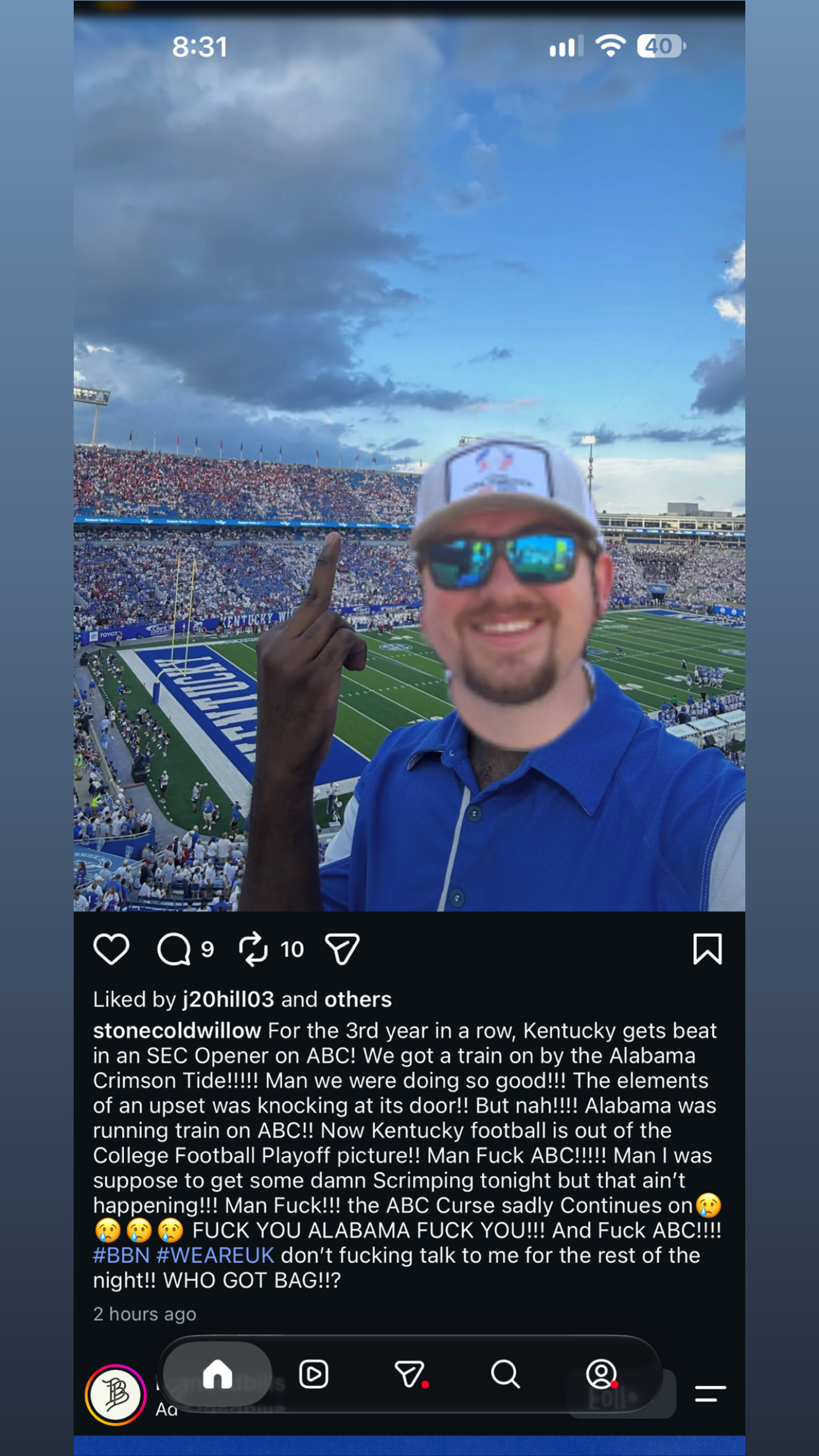 Instagram rant after Kentucky loses to Alabama on ABC
