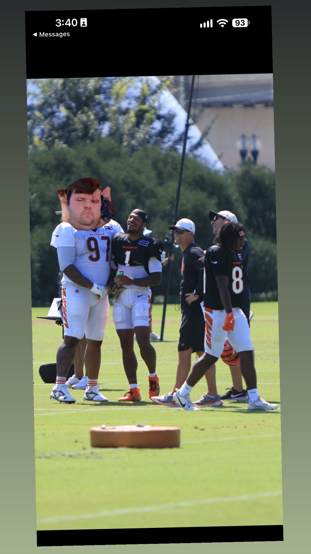 Face photoshopped onto a Bengals number 97 lineman at training camp